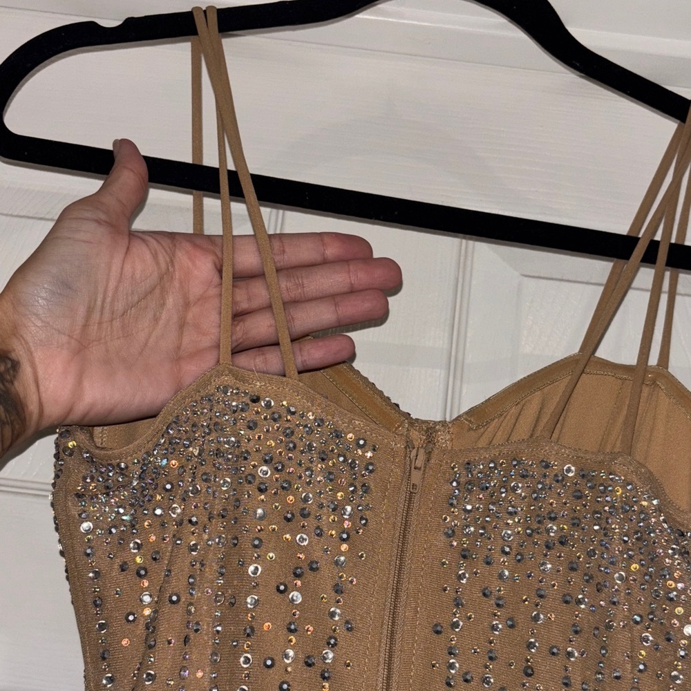 Banjul Tan Sequin Embellished double strap Dress bodysuit attached-sheer bottom - Picture 9 of 16